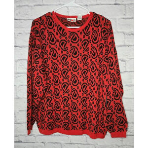 Vintage EVE LTD red paisley print knit retro pullover sweater size 44 XL.